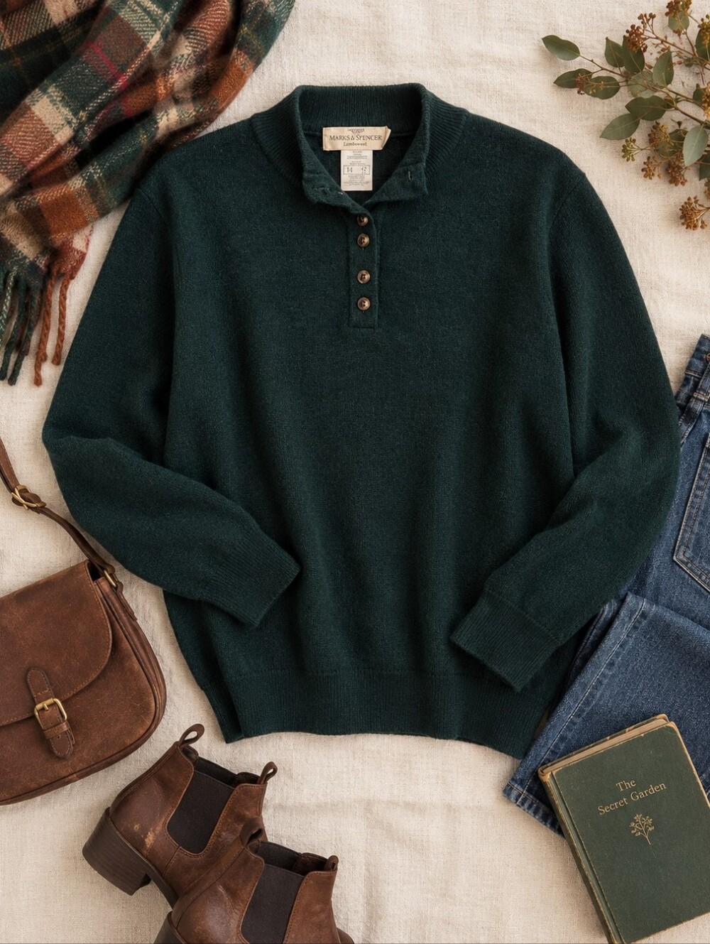 Marks & Spencer Lambswool Sweater Forest Green Button Neck Pullover